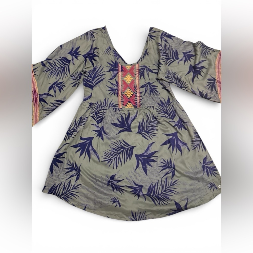 Roxy Boho Tropical Print Babydoll Dress Embroidered Size M